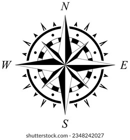 Compass rose vector with four directions.
Marine, nautical or trekking navigation symbol. Or useable in a geographic map.
Isolated background.