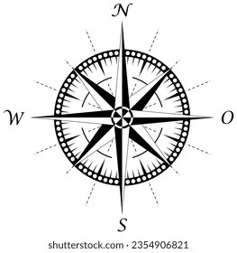 Compass rose vector with four directions and German east description.
Marine, nautical, trekking navigation symbol. Useable in a geographic map.
Isolated background.