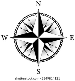 Compass rose vector with four wind directions and Shadow in middle.
Wind Rose with abstract cord frame and sixteen spike wind rose.
Marine, nautical or trekking navigation symbol.