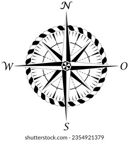 Compass rose vector with four wind directions and German East Description.
With cord frame in black and white. Eight spike wind rose.
Marine, nautical or trekking navigation symbol.