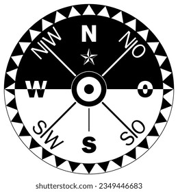 Compass rose vector with German East description.
Wind Rose with eight wind directions and North Star Symbol.
Marine, nautical or trekking navigation symbol or for including in a map.