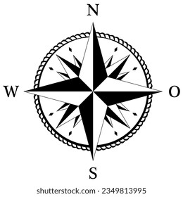 Kompassrose, Vektorgrafik mit deutscher Ostbeschreibung. Vier Windrichtungen.
Navigationssymbol mit abstraktem Kordrahmen und sechzehn Spike Wind stieg.
Navigationssymbol für Marine, nautische oder Trekking.