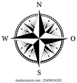 Compass rose vector with German East description. Four wind directions.
Navigation Symbol with abstract cord frame, sixteen spike wind rose and shadow in middle.