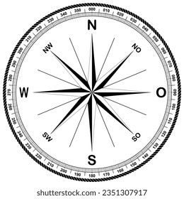 Compass rose vector with German East description. Eight wind directions.
Navigation Symbol with abstract cord frame and eight spike wind rose.
Marine, nautical or trekking navigation symbol.