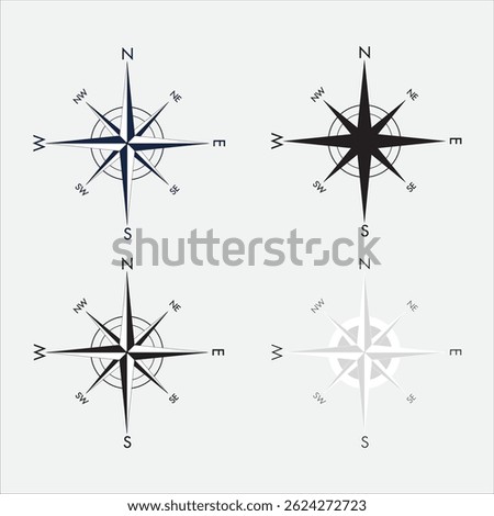 Compass Rose Vector Icons Set, Wind Direction Symbol Collection in Black and White Design
