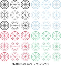 Compass rose vector set, nautical wind rose icons collection, navigation and travel symbols flat style.