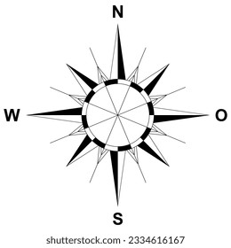 Compass rose vector with wind direction and German east description. Isolated background.
Marine, nautical or trekking navigation symbol or for including in a map.
Clearly arranged simple design.