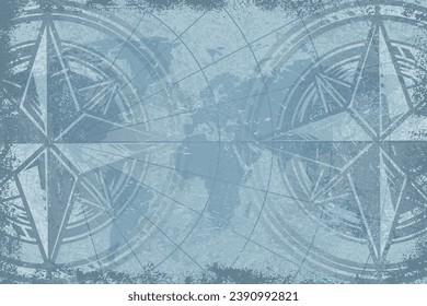 Compass rose vintage background colorful with grunge world map for design of books about medieval sailors and travel vector illustration