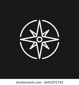 Compass Rose or Wind Rose on Black Background, Representing Direction, Navigation, or Travel, White Outline Icon