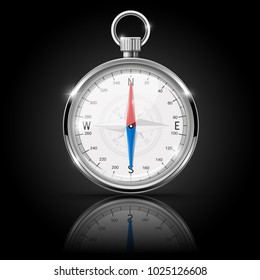 Compass. Round gauge with chrome frame with reflection. Vector 3d illustration on black background