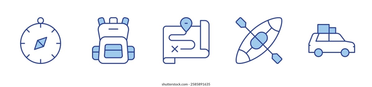 compass, route, backpack, car, canoe. Travel Icon vector illustration. Line Duotone style. Editable stroke.