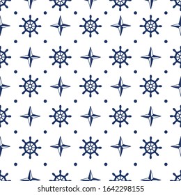 Compass and rudder seamless pattern vector. An illustration with navy blue color on isolated white background. For children fabric, cloth, backdrop, wallpaper, wrapping paper. Printable eps 10 format.