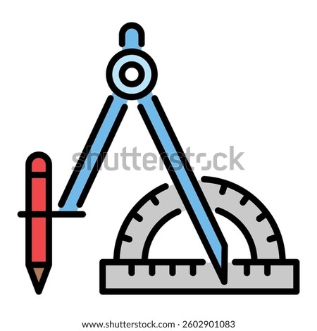 Compass and ruler color icon with editable stroke, featuring a compass used for drawing circles and a straight ruler used for measuring and drawing straight lines