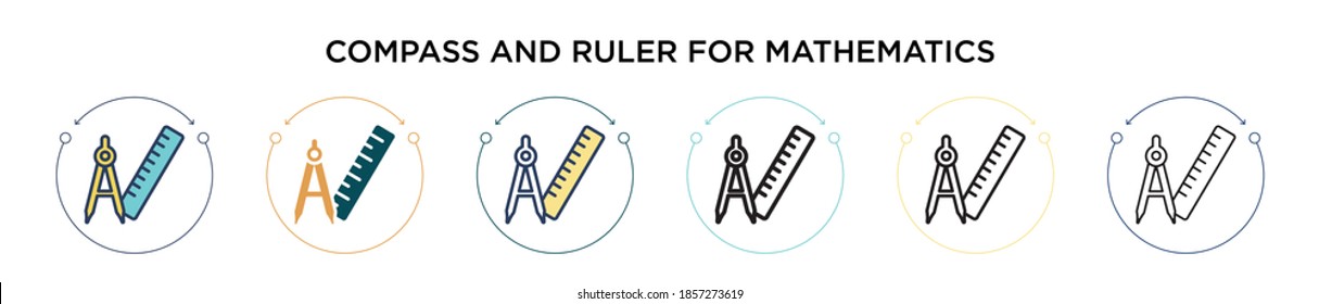 Compass and ruler for mathematics icon in filled, thin line, outline and stroke style. Vector illustration of two colored and black compass and ruler for mathematics vector icons designs can be used 