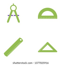 Compass, ruler, set square, protractor vector flat icons, stationery vector illustration
