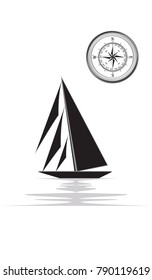 Compass and Sailboat, sketch - isolated on white background - art vector.