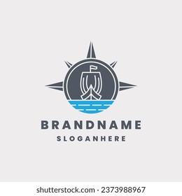 compass with sailing boat vector logo design template