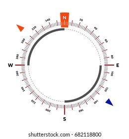 Compass. Scale is 360 degrees. North designation. Vector illustration. White background. Editable Eps10.