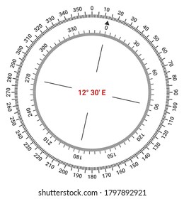 Compass scale. Instrument  for navigation and orientation that shows direction north. Vector compass rose isolated on white for mobile devices and applications. Scale show magnetic North azimuths.