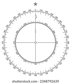 Compass scale vector. Inner and outer scale. Compass Rose in North.
Marine, nautical, trekking navigation symbol. Useable in a geographic map.
Isolated background.