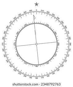 Compass scale vector. Inner and outer scale. Needle movement six degree to left.
Compass Rose in North. Marine, nautical, trekking navigation symbol. Useable in a geographic map.
Isolated background.