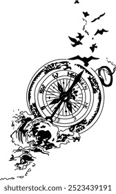 compass with sea waves and birds