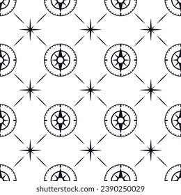 Compass seamless pattern. Monochrome marine texture, decorative nautical mood fabric texture with wind rose. Sea or ocean classic decent vector background