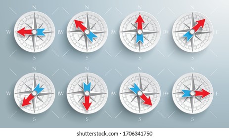 Compass set with all directions arrows on the gray background. Eps 10 vector file.