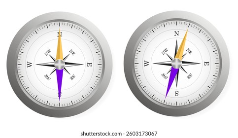 Compass set icon. Two navigation instruments with cardinal directions indicate travel orientation and positioning.