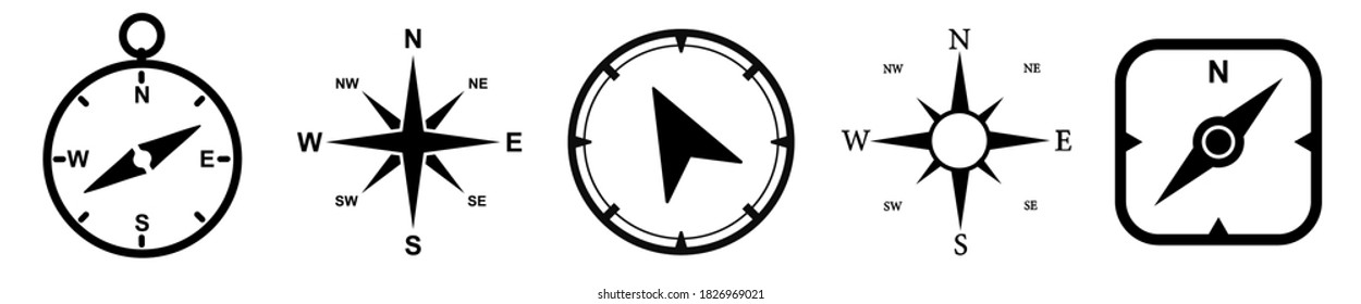 Compass set icons, navigation equipment sign, wind rose icon, compass symbol collection 