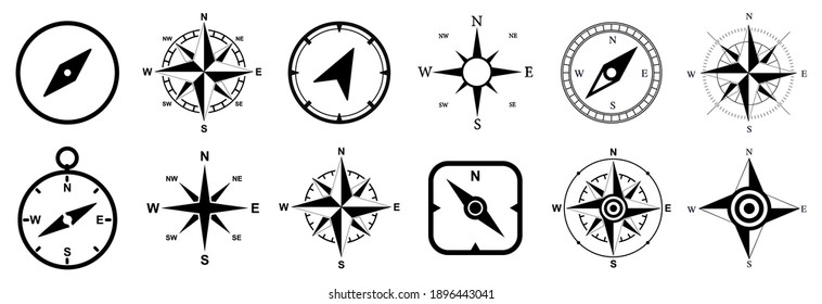 Compass set icons, navigation equipment sign, wind rose icon, compass symbol collection – vector