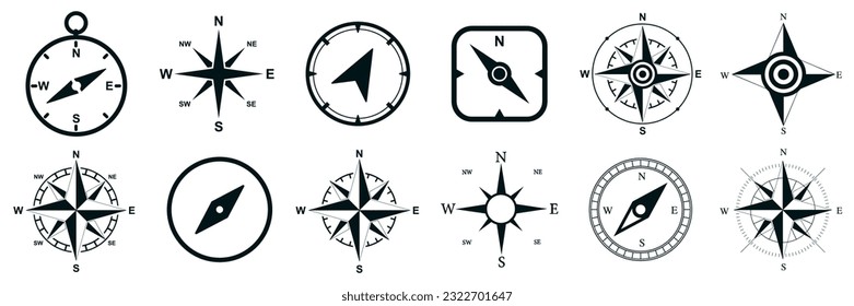 Iconos del conjunto de brújula, signo del equipo de navegación, icono de la rosa del viento del gráfico náutico plano, norte, este, sur, oeste, colección de símbolos de brújula, posición geográfica - para material