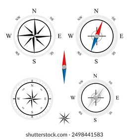 Iconos del sistema de la brújula, muestra del equipo de navegación, icono plano de la rosa del viento de la carta náutica, norte, este, sur, oeste, colección del símbolo de la brújula, posición geográfica para la acción.