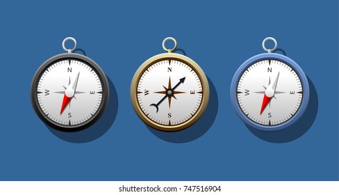 Compass set isolated on blue background vector illustration.
