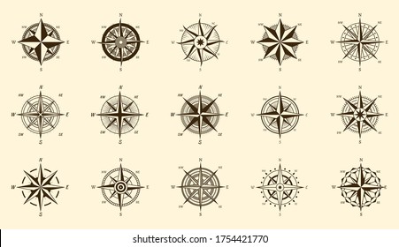 Compass Set. North And South Direction Measure On Isolated Engraving Labels, Vector Wind Rose Hand Drawn Travel Icons