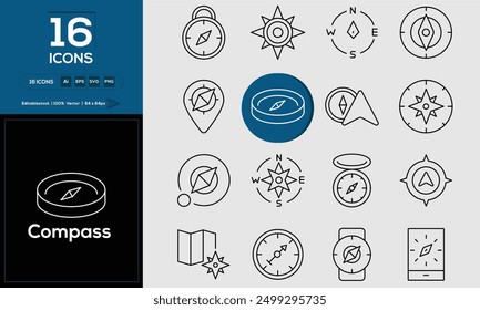 Compass set of outline icons related to analysis, infographic, analytics. Editable stroke. Vector illustration. 