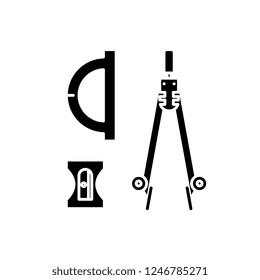 Compass, sharpener, ruler black icon, vector sign on isolated background. Compass, sharpener, ruler concept symbol, illustration 