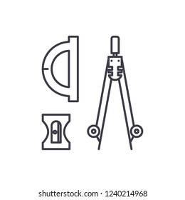Compass, sharpener, ruler line icon concept. Compass, sharpener, ruler vector linear illustration, symbol, sign