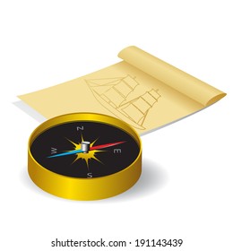 Compass and sheet of paper with ship drawing.