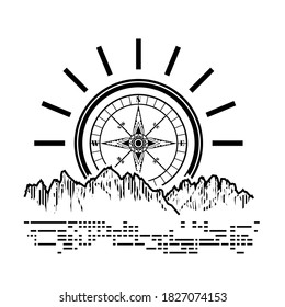 Compass shining over mountain look like sunrise that leading the way for traveller. Vector illustration.