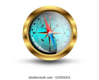 Compass with shiny golden frame vector,with world map inside,isolated on white background, with smooth shadow