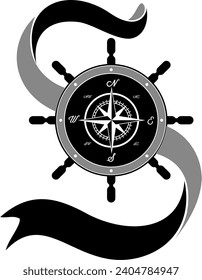 compass in ship's steering wheel vector for boat fishing company