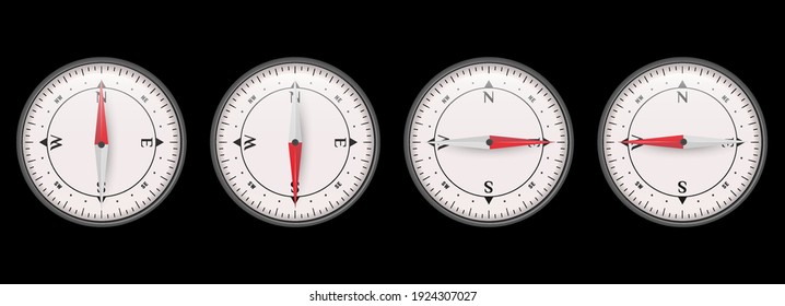 The compass shows north, south, west and east. 3D vector illustration isolated on black background.