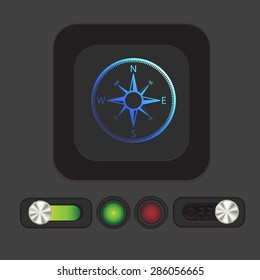 compass sign. colored button, icon orienteering, traveling or camping in the woods