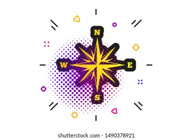 Compass sign icon. Halftone dots pattern. Windrose navigation symbol. Classic flat compass icon. Vector