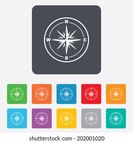 Compass sign icon. Windrose navigation symbol. Rounded squares 11 buttons. Vector