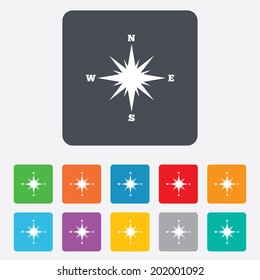 Compass sign icon. Windrose navigation symbol. Rounded squares 11 buttons. Vector