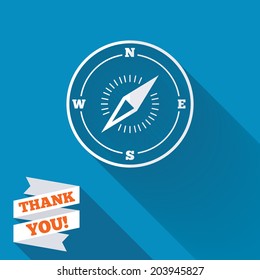 Compass sign icon. Windrose navigation symbol. White flat icon with long shadow. Paper ribbon label with Thank you text. Vector