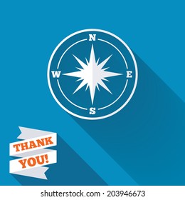 Compass sign icon. Windrose navigation symbol. White flat icon with long shadow. Paper ribbon label with Thank you text. Vector
