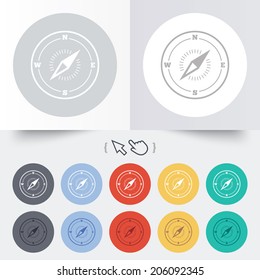 Compass sign icon. Windrose navigation symbol. Round 12 circle buttons. Shadow. Hand cursor pointer. Vector